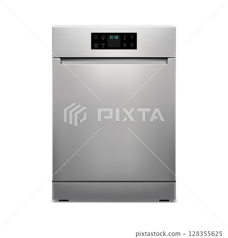 Dishwashing machine isolated on white background. Smart home appliance concept. Front view. Digital display. Silver color. Realistic 3d Vector illustration. 128355625