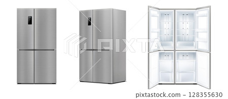 Realistic refrigerator with double doors set. Modern two chambered fridge appliance for food storage with open and close door. Chrome kitchen coolers isolated. 3d vector illustration 128355630