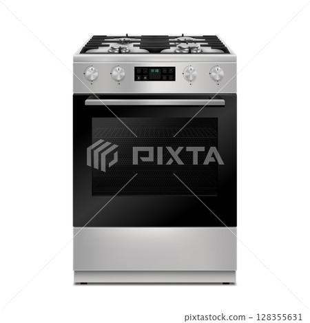 Kitchen gas stove. The household equipment. Realistic 3d Vector illustration. Front view. Isolated on white background Kitchen gas stove. The household equipment. Realistic 3d Vector illustration. Front view. Isolated on white background 128355631