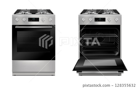 Modern gas stove, multi function stove with touch menu and timer in two views, with open and close door with light. Realistic 3d Vector illustration isolated on white background Modern gas stove, multi function stove with touch menu and timer in two views, with open and close door with light. Realistic 3d Vector illustration isolated on white background 128355632