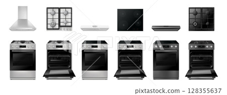 Set of gas and electric stoves, hoods and kitchen gas and electric surfaces. Realistic 3d hobs, Cooktop isolated vector illustration on white background 128355637