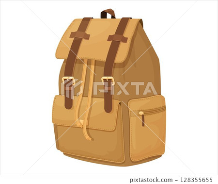 Backpack isolated on white. Travel backpack isolated objects. ?amping bag. Equipment for hiking, mountaineering, expeditions. Sport, lifestyle, hobby concept. vector flat illustration 128355655