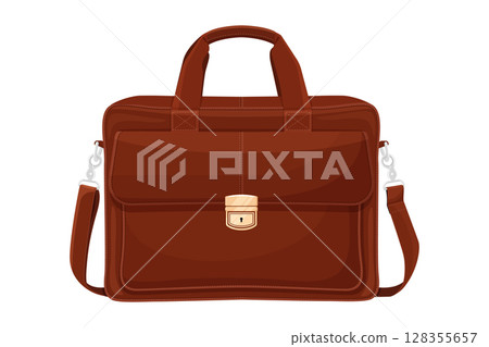 Elegant, modern leather briefcase with handle. Brown Suitcase. Office case. Bag for documents and papers isolated on white background. Flat design Elegant, modern leather briefcase with handle. Brown Suitcase. Office case. Bag for documents and papers isolated on white background. Flat design 128355657