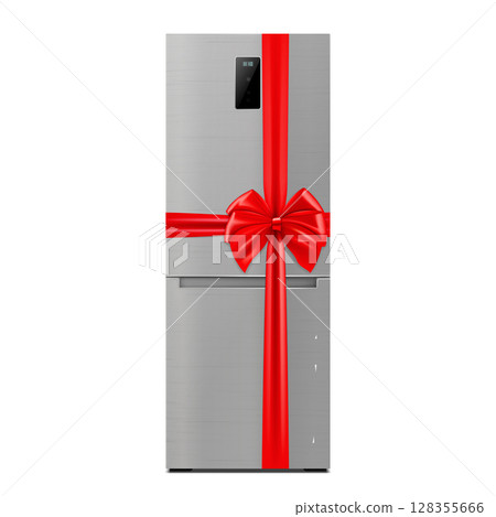 Stainless Steel Refrigerator with red ribbon and bow. 3D rendering. Gift concept. Realistic vector illustration isolated on white background 128355666