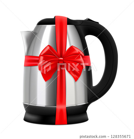 Electric kettle with red ribbon and bow, gift concept. 3D rendering isolated on white background 128355671