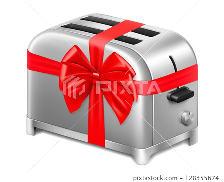 Toaster with red ribbon and bow. 3D rendering. Gift concept. Realistic vector illustration isolated on white background 128355674