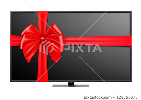 Plasma tv with red ribbon and bow. 3D rendering. Gift concept. Realistic vector illustration isolated on white background 128355675
