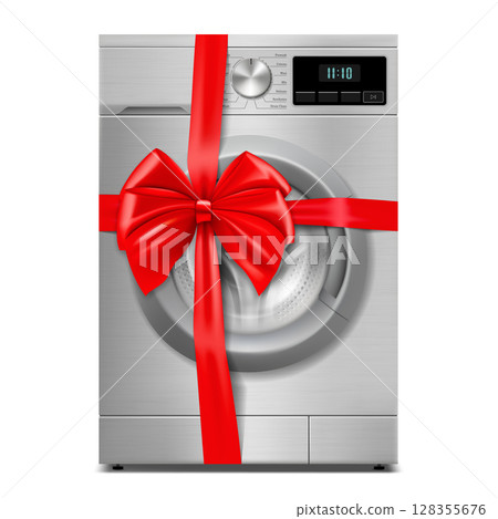 Washing machine with red ribbon and bow. 3D rendering. Gift concept. Realistic vector illustration isolated on white background 128355676