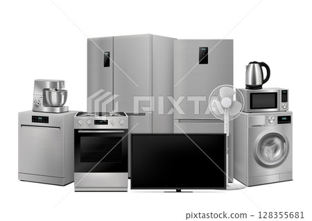 A set of household appliances: microwave oven, washing machine, refrigerator, double door fridge, stove, fan,TV, dishwasher, food processor, kettle. Realistic 3D vector, isolated A set of household appliances: microwave oven, washing machine, refrigerator, double door fridge, stove, fan,TV, dishwasher, food processor, kettle. Realistic 3D vector, isolated 128355681
