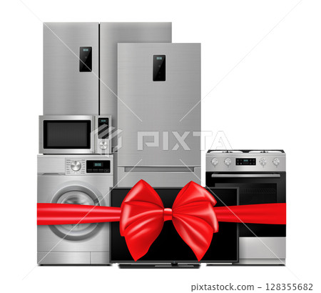 Group of household appliances with red gift ribbon and bow. Refrigerator, microwave, TV, washing machine, gas stove isolated on white background. 3d Rendering. Realistic vector illustration 128355682