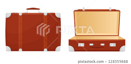 Open and closed Retro Leather Suitcase With Metal Corners, Belts and Handle, Isolated on White Background. Vacation and Travel Concept. Vintage bag. Front view. Vector flat design 128355688