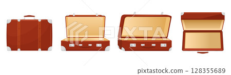 Open and closed Retro Leather Suitcase in different angles. Bag With Metal Corners, Belts and Handle, Isolated on White Background. Vacation and Travel Concept. Front view. Vector flat design 128355689