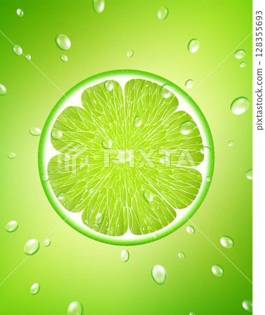 Background of fresh green lime slices and drops of water. Seamless pattern for your design. Realistic 3d vector illustration. Close-up. Background of fresh green lime slices and drops of water. Seamless pattern for your design. Realistic 3d vector illustration. Close-up. 128355693