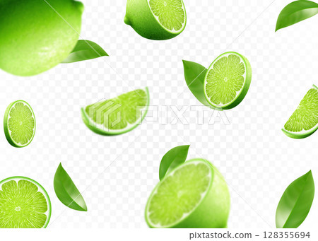 Flying fresh limes and lime slices with leaves. with blur effect. Vector 3d realistic illustration isolated on white background. 128355694