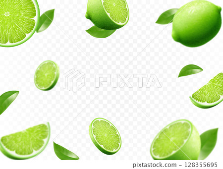 Flying fresh limes and lime slices with leaves. with blur effect. Vector 3d realistic illustration isolated on white background. 128355695