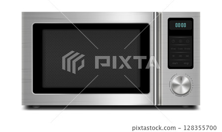 Realistic Microwave Isolated on White Background. Front Front viewof Stainless Steel Over the Range Microwave Oven. Household Kitchen and Domestic Appliances. Home Innovation. Vector 3D 128355700