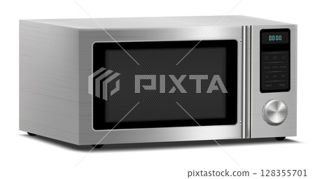 Realistic Microwave Isolated on White Background. Side View of Stainless Steel Over the Range Microwave Oven. Household Kitchen and Domestic Appliances. Vector 3d rendering 128355701
