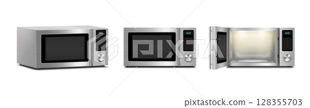 Set of microwave ovens with light inside, with open and close door, front view, Side View isolated on white background. Household appliance to heat and defrost food, for cooking, with timer and 128355703