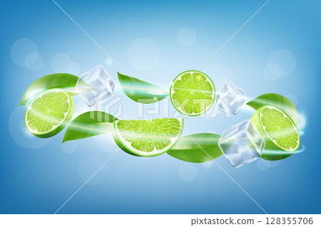 Flying lime slices with ice cubes and leaves isolated on blue background, concept of summer refreshments. Realistic 3d vector illustration. 128355706