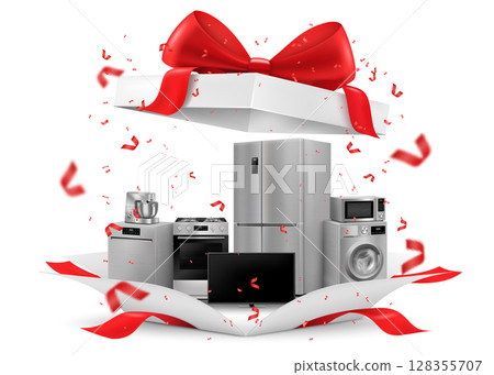 Gift concept, home appliances inside gift box. Refrigerator, microwave, food processor, TV, washing machine, gas stove, isolated on white background. 3D rendering. Realistic vector illustration 128355707