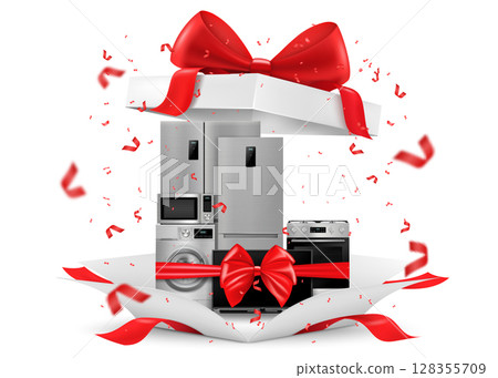 Gift concept, home appliances inside gift box. Refrigerator, microwave, TV, washing machine, gas stove, isolated on white background. 3D rendering. Realistic vector illustration 128355709