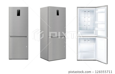 Set of Realistic kitchen refrigerators with open and closed door, isolated fridge machine, freezer. Vector kitchen 3d appliance with digital display, isometric view and front view 128355711