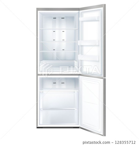 Empty open refrigerator isolated on white background. Front View of gray freezer with open doors. Realistic 3d vector 128355712
