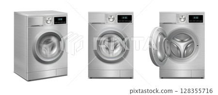 Set of Washing machines isolated on white background. Front view and Perspective view, close-up. 3d realistic vector washer. 128355716