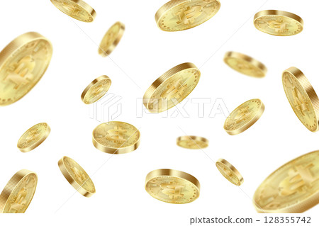 Bitcoin coins flying isolated on a white background. Bitcoin virtual cryptocurrency explosion. Realistic 3d Vector illustration. 128355742