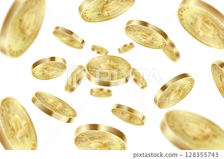 Bitcoin coins flying isolated on a white background. Bitcoin virtual cryptocurrency explosion. Realistic 3d Vector illustration. Bitcoin coins flying isolated on a white background. Bitcoin virtual cryptocurrency explosion. Realistic 3d Vector illustration. 128355743