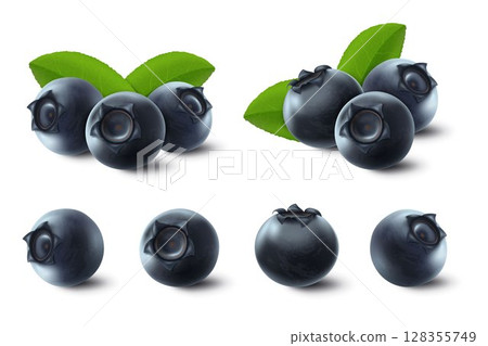 Vector 3d realistic raw blueberry with green leaves, isolated on white background. Ripe berries full of nutritions and vitamins, juicy fresh cooking ingredient. Vector 3d realistic raw blueberry with green leaves, isolated on white background. Ripe berries full of nutritions and vitamins, juicy fresh cooking ingredient. 128355749