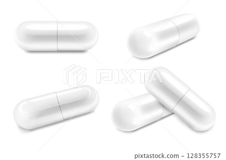 White Medical Pills or Capsules icon set closeup, isolated on transparent background. Capsules for Graphics, Mockup. Medical and Healthcare Concept. Vector 3d Realistic illustration 128355757