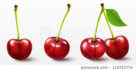 Set of ripe red cherries. Realistic 3d vector illustration. Bright berries isolated on white background Set of ripe red cherries. Realistic 3d vector illustration. Bright berries isolated on white background 128355758