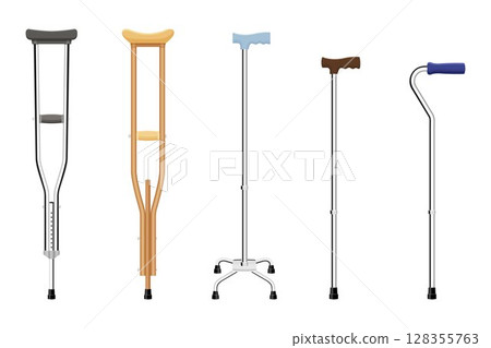 Set of walking sticks and crutches. Telescopic metal canes, wooden cane, cane with additional support, telescopic crutch, wooden crutch. Medical devices. Vector flat illustration 128355763