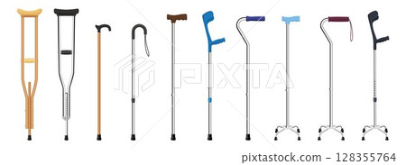 Set of walking sticks and crutches. Telescopic metal canes, wooden cane, cane with additional support, elbow crutch, telescopic crutch, wooden crutch. Medical devices. Vector illustration 128355764