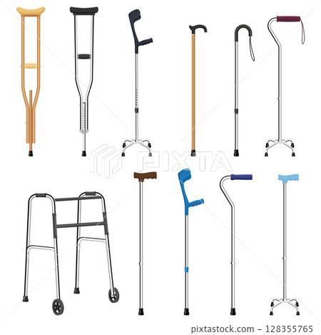 Set of mobility aids including walker, walking sticks and crutches. Telescopic metal canes, wooden cane, cane with additional support, telescopic crutch, wooden crutch. Medical devices. Vector flat 128355765