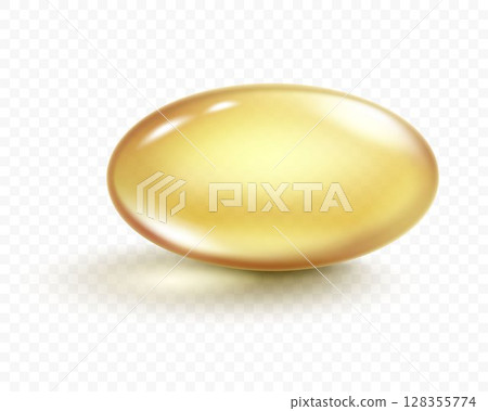 Vector Real fish oil capsule with transparency effect and shadow. Realistic medicine pills with fish oil or omega 3 vitamin supplement isolated on white background. 3d vector illustration 128355774