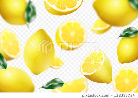 Flying whole and sliced lemons with blur effect in the background. Realistic 3d vector on a white background Flying whole and sliced lemons with blur effect in the background. Realistic 3d vector on a white background 128355784