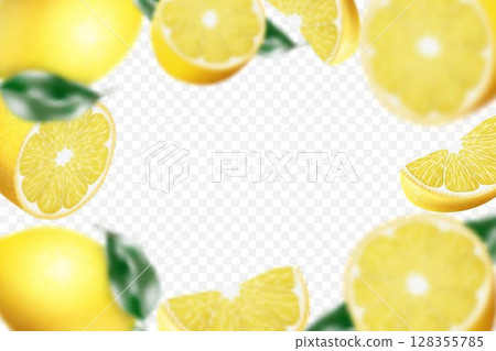 Lemon background. Flying defocusing lemon with green leaf on transparent background. 3D realistic fruits. Lemon falling from different angles. Isolated Vector illustration Lemon background. Flying defocusing lemon with green leaf on transparent background. 3D realistic fruits. Lemon falling from different angles. Isolated Vector illustration 128355785