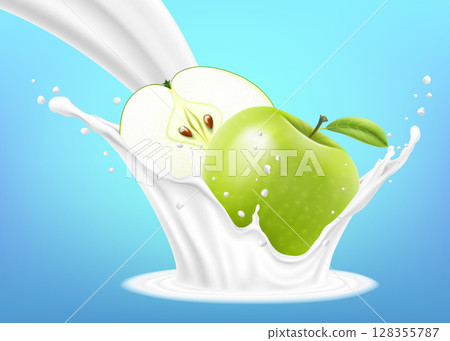 Green apple in a milk splash isolated on a blue background. Apple and milk yogurt splashing. Exercises and eat healthy food. health concept. Realistic 3d vector illustration. 128355787