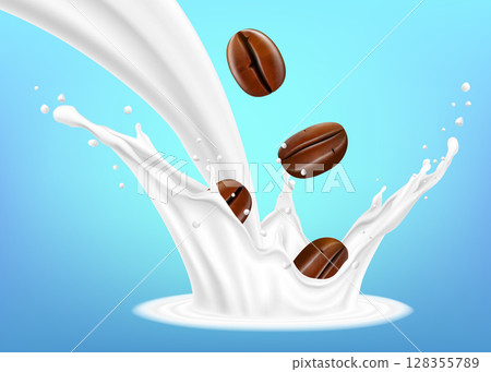 Milk splash with coffee beans lying on milk tongue. Coffee beans falling into milk splash. Realistic 3d vector illustration. Design element. Packaging. 128355789