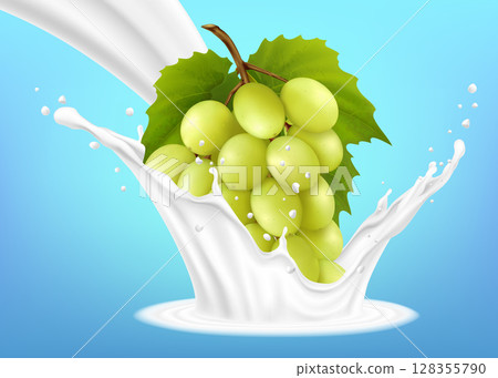 Green grape branch in a milk splash on a blue background. Realistic 3d Vector illustration. Design element. Packaging. Green grape branch in a milk splash on a blue background. Realistic 3d Vector illustration. Design element. Packaging. 128355790