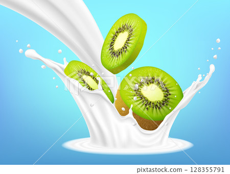 Realistic kiwi with milk splashes and drops. 3d Vector illustration, isolated on blue background. Ready to use for your design. Realistic kiwi with milk splashes and drops. 3d Vector illustration, isolated on blue background. Ready to use for your design. 128355791