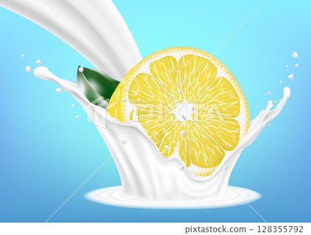 Lemon fruit in milk or yoghurt splash. Design element. Packaging. Realistic 3d Vector illustration. Lemon fruit in milk or yoghurt splash. Design element. Packaging. Realistic 3d Vector illustration. 128355792
