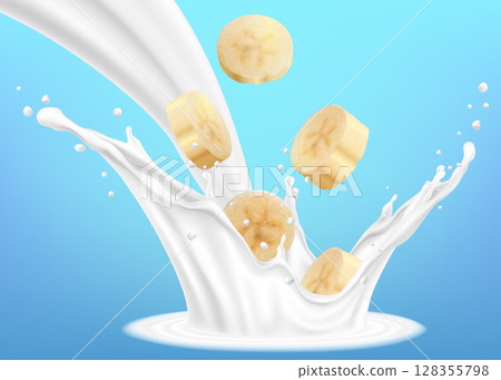 A splash of milk or yogurt with banana slices. Realistic 3d vector illustration, isolated on blue background. Ready to use for your design. A splash of milk or yogurt with banana slices. Realistic 3d vector illustration, isolated on blue background. Ready to use for your design. 128355798
