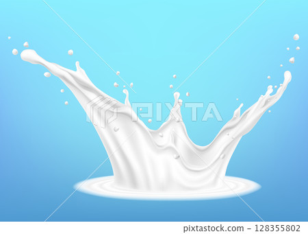 Milk splashes isolated on blue background. Illustration of milk pouring with splashes against blue background. Realistic 3d vector 128355802