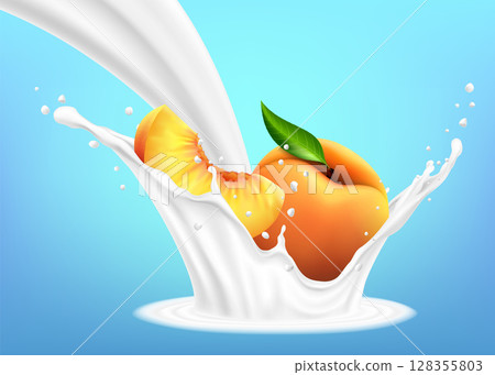Milk splash and peach 3d vector object. Natural dairy products Peach slices falling into the milky splash. Realistic illustration. 128355803