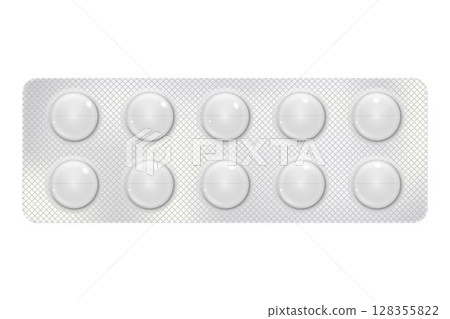 Round Pills in a blister pack for illness and pain treatment. Medical drug package for tablet: vitamin, antibiotic, aspirin. Realistic mock-up of packaging. 3d Vector illustration isolated on white 128355822