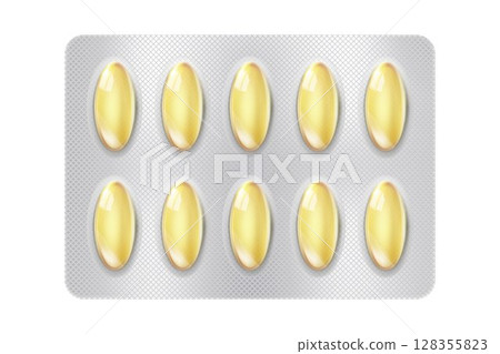 Realistic fish oil Omega 3 pills blister with capsules on white background. Mock-up of pills packaging medicines vitamins. Healthcare medical. 3d vector 128355823