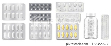 Pills blisters with tablets or capsules. Medical treatment drugs or medicines in plastic package mockups isolated set on white background. Vector 3d realistic pharmaceutical illustration 128355827